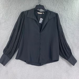 Soft Surroundings Chiffon Blouse Womens Top Button Black Size XL Balloon Sleeve